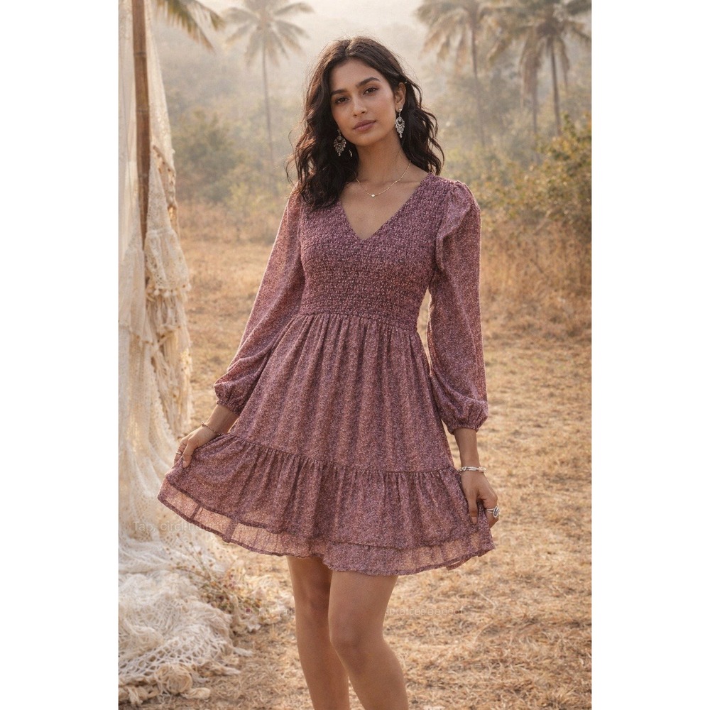 Self Contrast‎ Smocked Mini Dress Plum Leaf Print V-Neck Tiered Ruffle- Large
